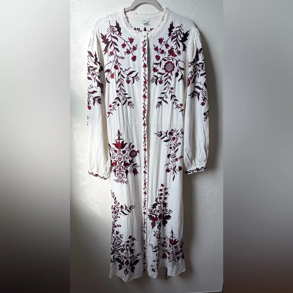 Sundance White Burgundy Embroidered Maxi Dress Tie Waist Boho Cottagecore XL - Picture 3 of 16